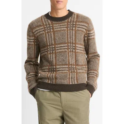 Vince Brushed Glen Plaid Crewneck Sweater In Bristle Khaki Combo