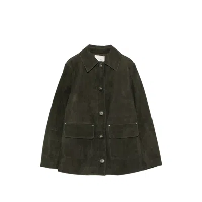 Vince Button-up Suede Jacket In Green