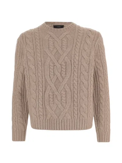 Vince Beige Cable Knit Crew Neck Wool Sweater In Multi