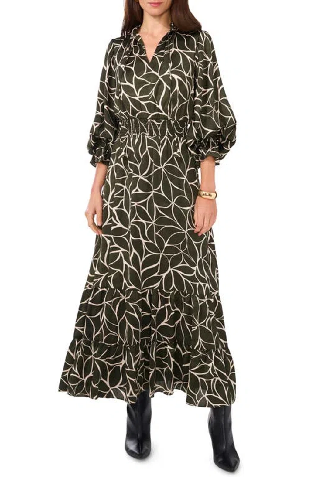 Vince Camuto Abstract Floral Long Sleeve Maxi Dress In Military Green |  ModeSens