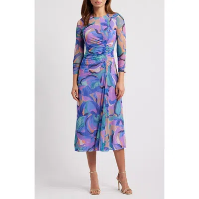 Vince Camuto Abstract Floral Long Sleeve Mesh Midi Dress In Purple Multi