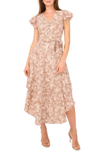 Vince Camuto Abstract Print Flutter Sleeve Midi Dress In Brown