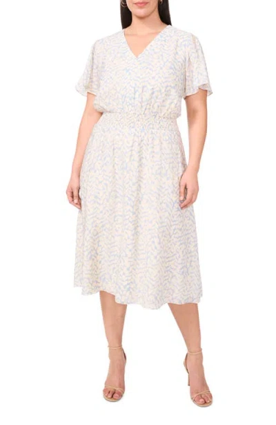 Vince Camuto Abstract Print Flutter Sleeve Midi Dress In White