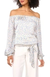 Vince Camuto Abstract Print Off The Shoulder Satin Top In Lake Breeze