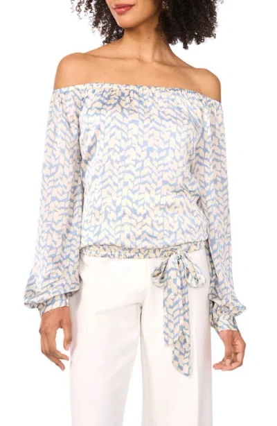 Vince Camuto Abstract Print Off The Shoulder Satin Top In Lake Breeze