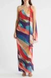 Vince Camuto Abstract Stripe One-shoulder Chiffon Gown In Multi