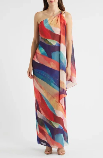 Vince Camuto Abstract Stripe One-shoulder Chiffon Gown In Multi