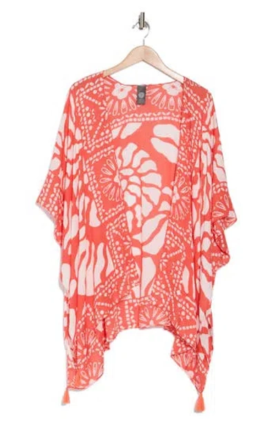 Vince Camuto Abstract Tassel Trim Ruana In Hot Coral