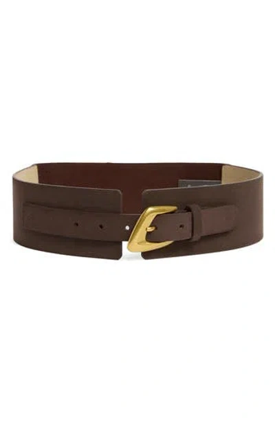 Vince Camuto Asymmetrical Buckle Stretch Faux Leather Belt In Brown