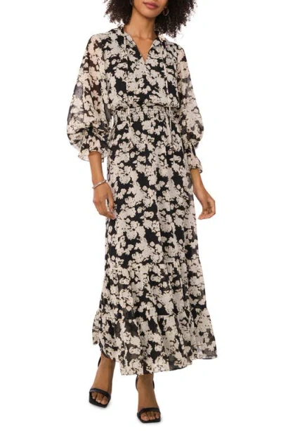Vince Camuto Bead Detail Floral Long Sleeve Maxi Dress In Rich Black