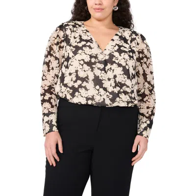Vince Camuto Bead Detail Floral Wrap Front Chiffon Top In Rich Black