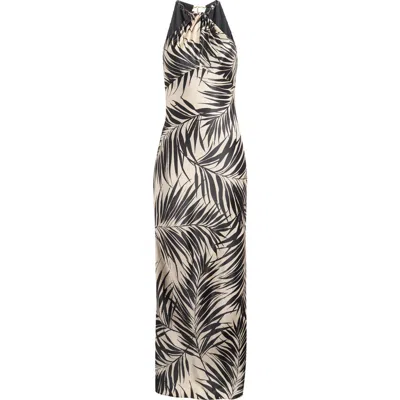 Vince Camuto Bead Detail Palm Print Satin Sheath Gown