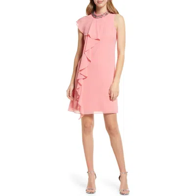 Vince Camuto Beaded Ruffle Sleeveless Dress In Pink