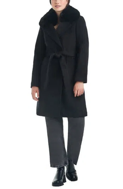 Vince Camuto Belted Coat With Removable Faux Fur Collar In Black