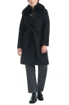 Vince Camuto Belted Coat With Removable Faux Fur Collar In Black