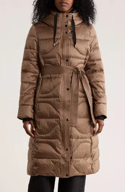 Vince Camuto Belted Maxi Puffer Jacket In Brown