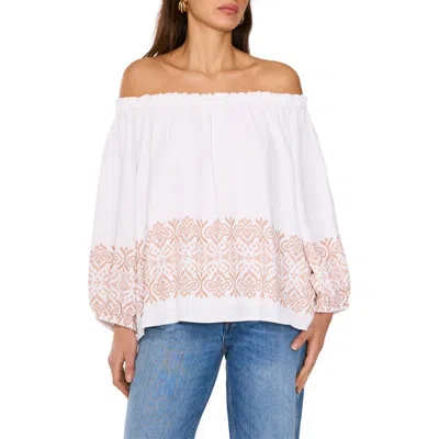 Vince Camuto Border Print Off The Shoulder Top In Ultra White