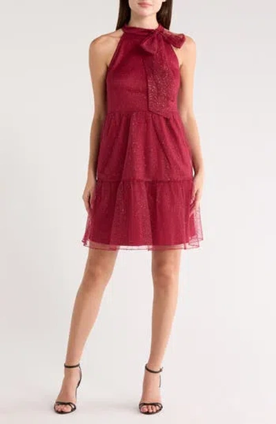 Vince Camuto Bow Glitter Tiered Mesh Cocktail Dress In Red