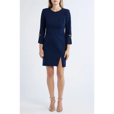 Vince Camuto Brooch Detail Long Sleeve Crepe Shift Dress In Navy