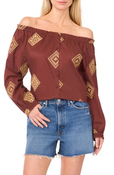 VINCE CAMUTO VINCE CAMUTO BUTTON-UP OFF THE SHOULDER COTTON TOP
