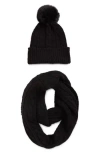 Vince Camuto Cable Stitch Scarf & Faux Fur Pompom Beanie Set In Black