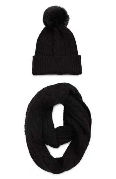 Vince Camuto Cable Stitch Scarf & Faux Fur Pompom Beanie Set In Black