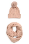 Vince Camuto Cable Stitch Scarf & Faux Fur Pompom Beanie Set In Pink