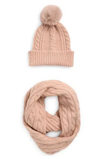Vince Camuto Cable Stitch Scarf & Faux Fur Pompom Beanie Set In Pink