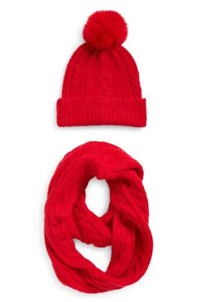 Vince Camuto Cable Stitch Scarf & Faux Fur Pompom Beanie Set In Red