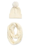 Vince Camuto Cable Stitch Scarf & Faux Fur Pompom Beanie Set In White