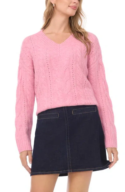 Vince Camuto Cable Stitch V-neck Sweater In Pink