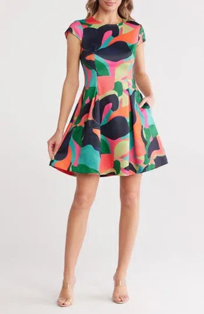 Vince Camuto Cap Sleeve Scuba Fit & Flare Dress In Pink Multi