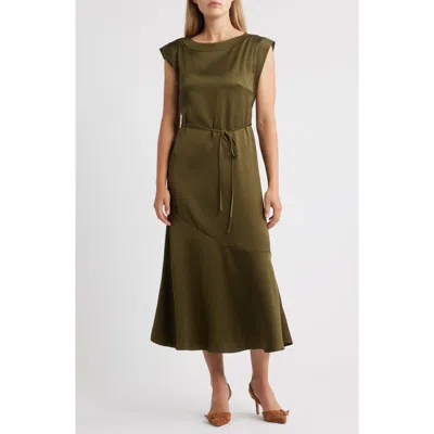 Vince Camuto Cap Sleeve Stretch Satin Belted Dress In Green