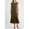 Vince Camuto Cap Sleeve Stretch Satin Belted Dress In Green