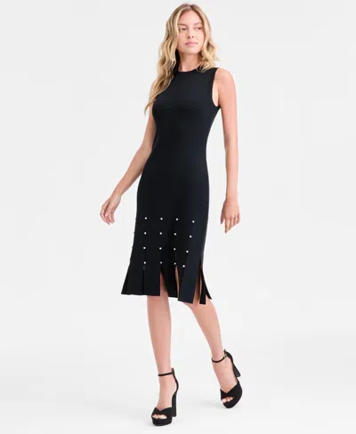 Vince Camuto Carwash Midi Dress With Pearl Trim In Black
