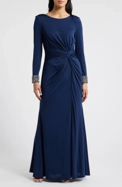 Vince Camuto Center Knot Beaded Cuff Long Sleeve Jersey Gown In Navy