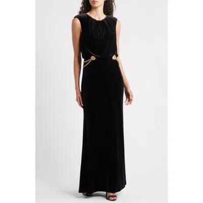 Vince Camuto Chain Detail Draped Velvet Gown In Black
