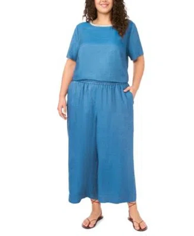 Vince Camuto Chambray Short Slv Crew Neck Blouse Wide Leg Smocked Waist Pant In Blue