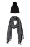 Vince Camuto Chevron Wrap Scarf & Faux Fur Pompom Beanie Set In Black