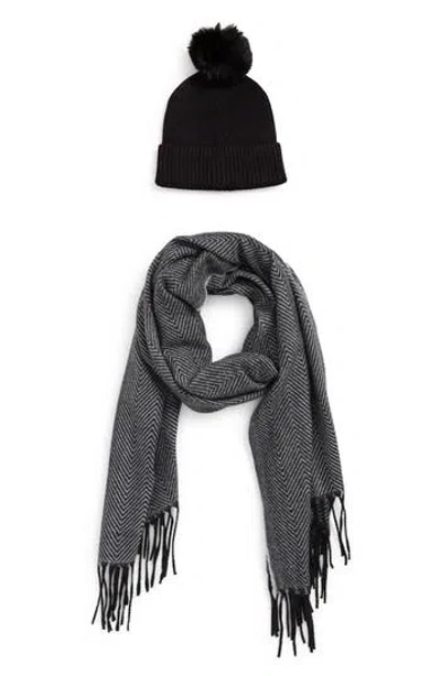 Vince Camuto Chevron Wrap Scarf & Faux Fur Pompom Beanie Set In Black