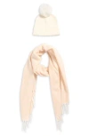 Vince Camuto Chevron Wrap Scarf & Faux Fur Pompom Beanie Set In Neutral