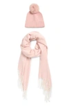Vince Camuto Chevron Wrap Scarf & Faux Fur Pompom Beanie Set In Pink