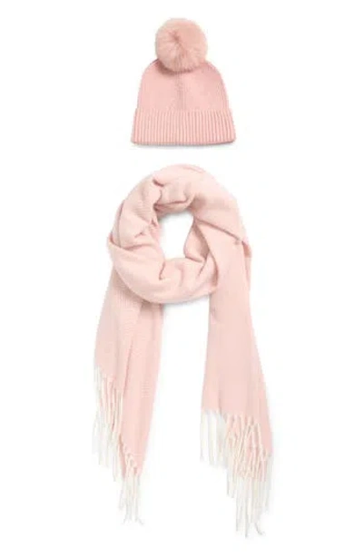 Vince Camuto Chevron Wrap Scarf & Faux Fur Pompom Beanie Set In Pink