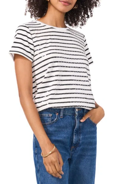 Vince Camuto Clear Sequin Stripe Cotton Blend Top In Rich Black