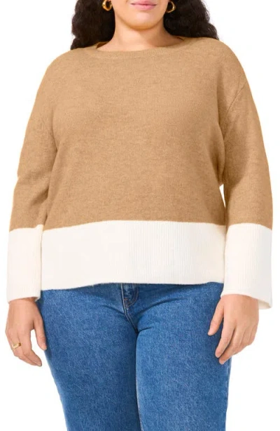 Vince Camuto Plus Size Colorblocked Crewneck Sweater In Latte Heather