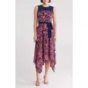 Vince Camuto Colorblock Sleeveless Handkerchief Hem Crepe Midi Dress In Navy Multi