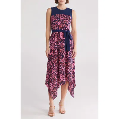 Vince Camuto Colorblock Sleeveless Handkerchief Hem Crepe Midi Dress In Navy Multi