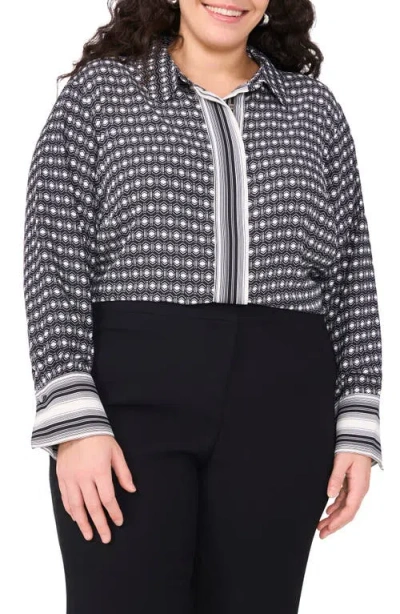 Vince Camuto Contrast Accent Geo Print Button-up Shirt In Rich Black