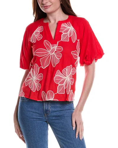Vince Camuto Contrast Split Neck Linen-blend Blouse In Red