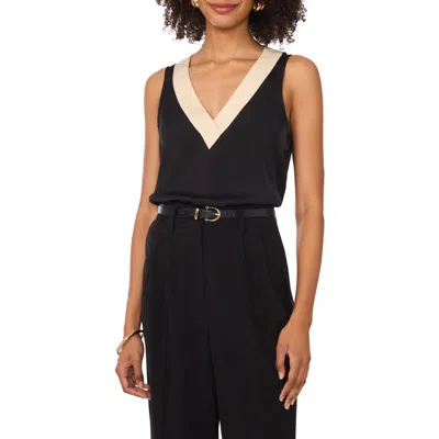 Vince Camuto Contrast V-neck Shell In Rich Black